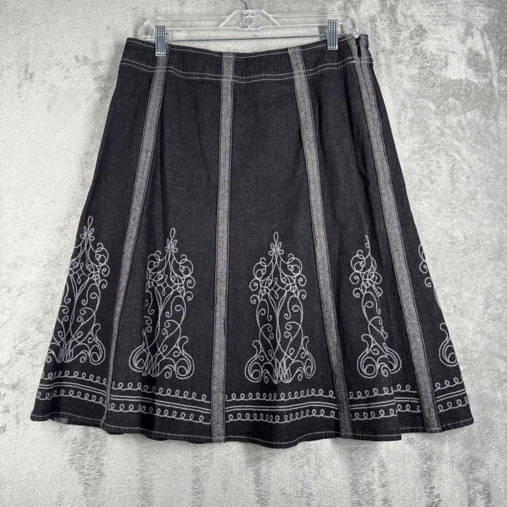 Denim & Co Skirt Women 12 Black A-Line Embroidered Dark Wash‎ Denim Casual Boho - Picture 2 of 8